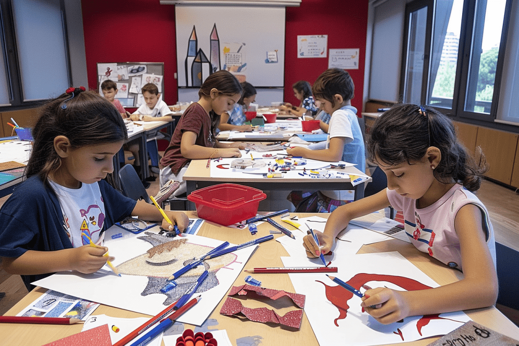Taller infantil de Semana Santa en un aula de actividades de la Sagrada Familia, donde varios niños participan en una sesión creativa con pinturas, lápices de colores y material artístico. Sobre las mesas hay dibujos, tijeras, recipientes de colores y diversos proyectos manuales relacionados con la temática de la Pasión. El espacio cuenta con varias mesas, sillas rojas y luz natural que entra por los ventanales, creando un ambiente educativo y cultural.
