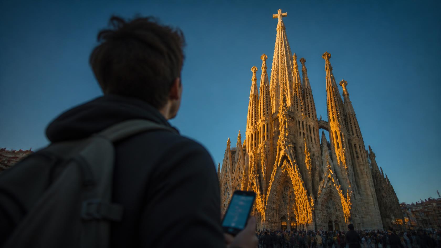 Viajero mirando la Sagrada Familia y la Torre de Jesucristo desde la calle Marina con el móvil en la mano